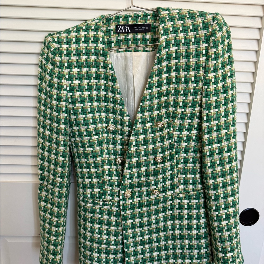 Zara Green and Cream Checkered Blazer